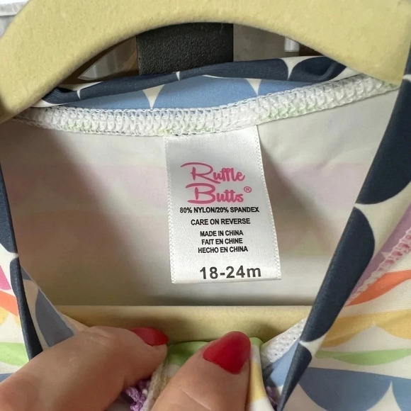 Ruffle Butts rashguard toddler girl scalloped rainbow long sleeve swimsuit top - Picture 3 of 5